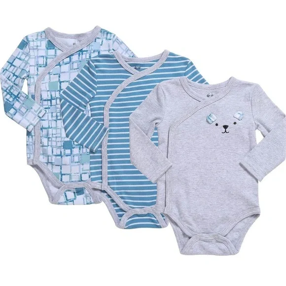 Asher and Olivia - Baby Boy's 3-Pack Long-Sleeve Kimono Bodysuit Set Onesie’s - Picture 1 of 16